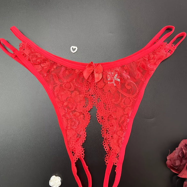 1/6 pcs Exquisite Floral Lace Mesh Thongs - Hollow Out Open Crotch Design, Breathable, Comfortable, Sexy Women&