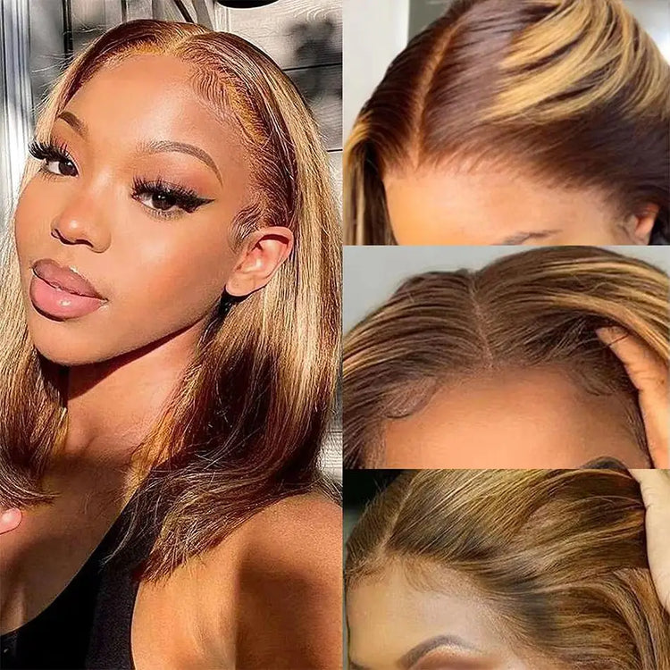 220% 16Inch Highlight Ombre Bob Wigs 13X6 Straight Hd Lace Frontal Glueless Front Short Bob Wig Colored Human Hair Ready to Wear - Lena & Miles Exquisite Boutique LLC.