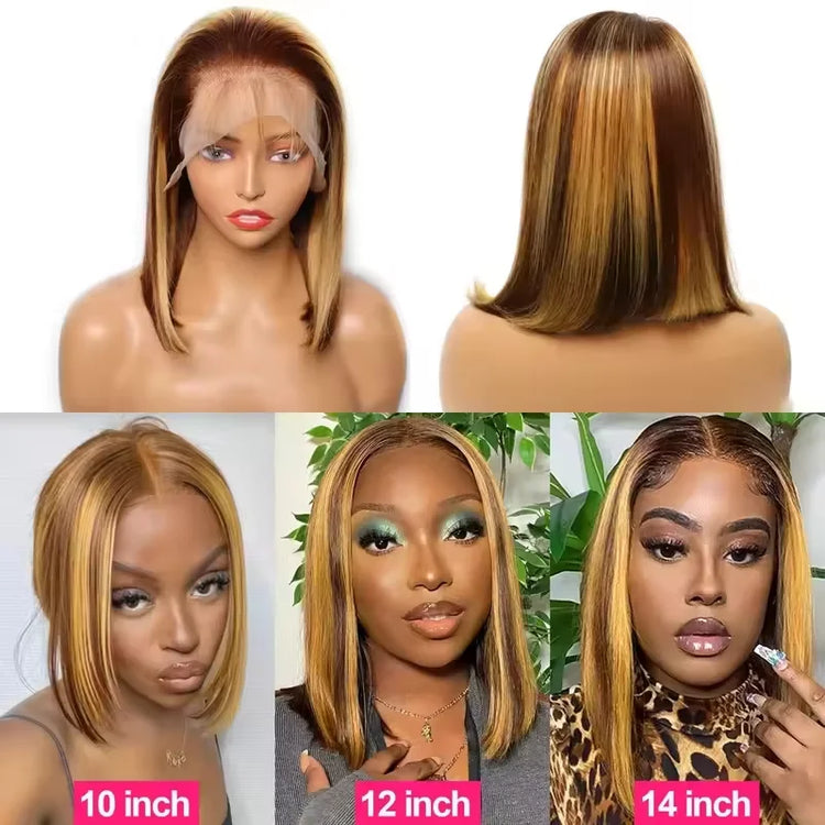220% 16Inch Highlight Ombre Bob Wigs 13X6 Straight Hd Lace Frontal Glueless Front Short Bob Wig Colored Human Hair Ready to Wear - Lena & Miles Exquisite Boutique LLC.