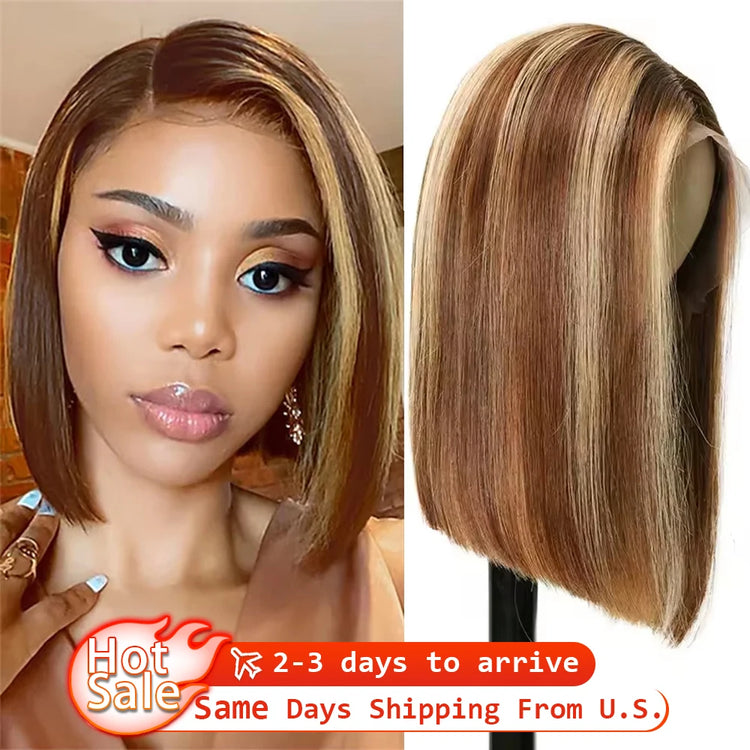 220% 16Inch Highlight Ombre Bob Wigs 13X6 Straight Hd Lace Frontal Glueless Front Short Bob Wig Colored Human Hair Ready to Wear - Lena & Miles Exquisite Boutique LLC.