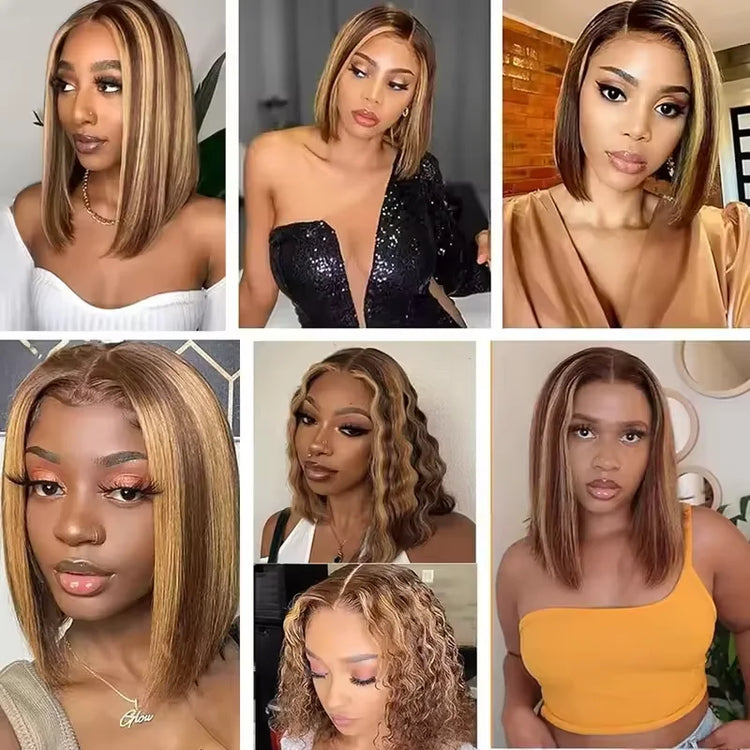 220% 16Inch Highlight Ombre Bob Wigs 13X6 Straight Hd Lace Frontal Glueless Front Short Bob Wig Colored Human Hair Ready to Wear - Lena & Miles Exquisite Boutique LLC.