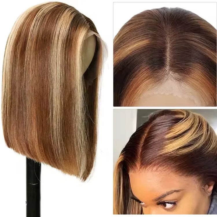 220% 16Inch Highlight Ombre Bob Wigs 13X6 Straight Hd Lace Frontal Glueless Front Short Bob Wig Colored Human Hair Ready to Wear - Lena & Miles Exquisite Boutique LLC.