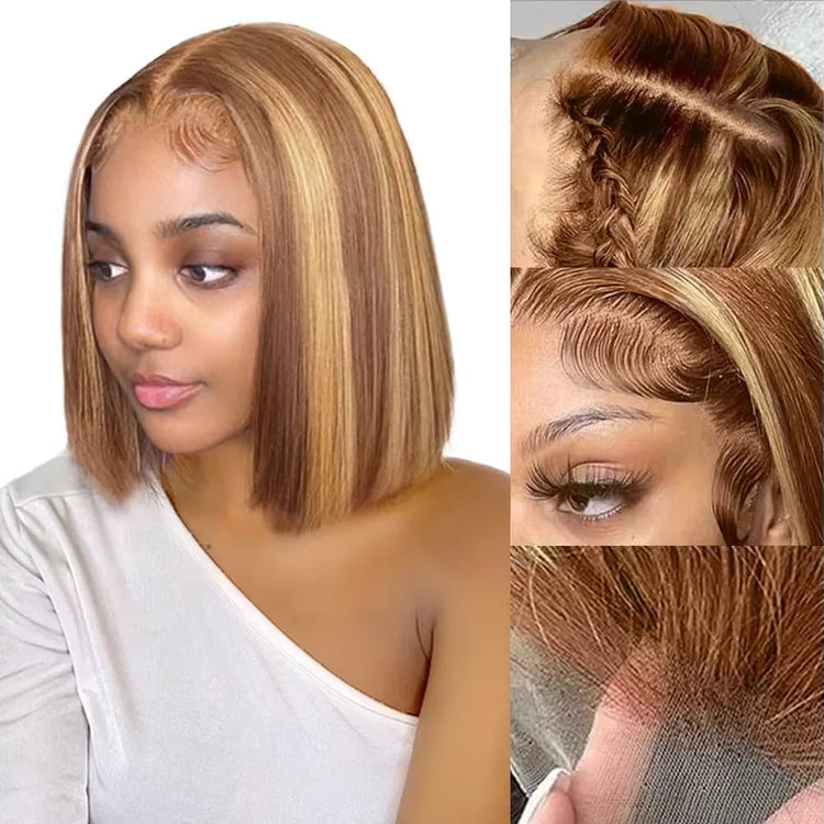 220% 16Inch Highlight Ombre Bob Wigs 13X6 Straight Hd Lace Frontal Glueless Front Short Bob Wig Colored Human Hair Ready to Wear - Lena & Miles Exquisite Boutique LLC.