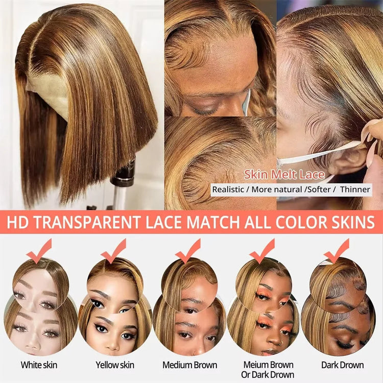 220% 16Inch Highlight Ombre Bob Wigs 13X6 Straight Hd Lace Frontal Glueless Front Short Bob Wig Colored Human Hair Ready to Wear - Lena & Miles Exquisite Boutique LLC.