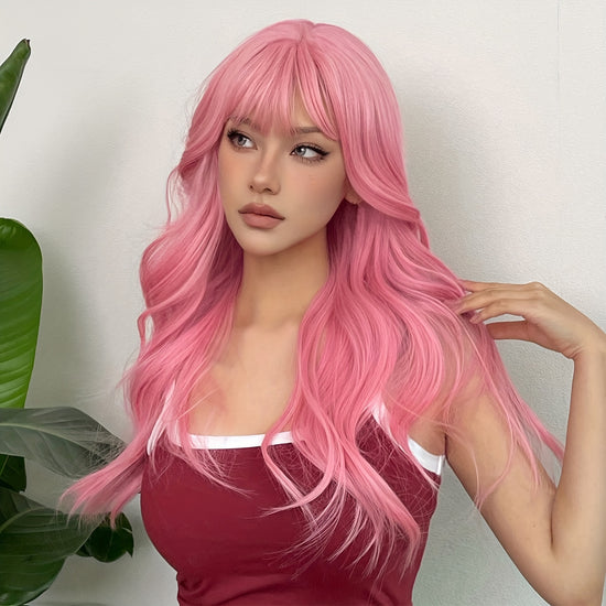 24 Inch Long, Coily, Heat Resistant Pink Body Wave Hair Wigs with Bangs - Synthetic Fiber, Fantasy Theme, Perfect for Daily, Party, Cosplay, Music Festival Use - High-Quality, Soft, Natural-Looking Hair for Women and Girls - Lena & Miles Exquisite Boutique LLC.