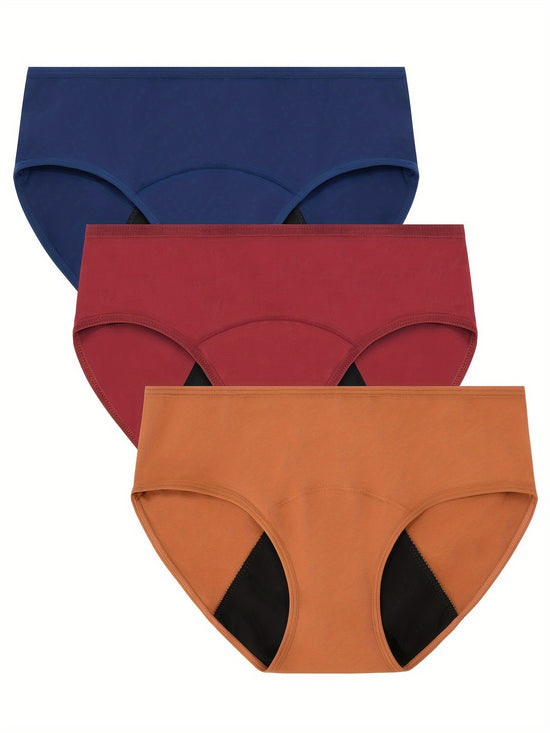 3pcs Simple Period Panties, Comfort Mid-high Waist Physiological Briefs, Breathable Postpartum Panty, Menstruation Panties, Women&