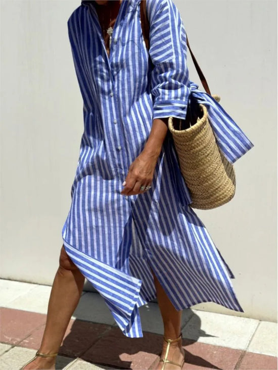 Single Breasted Striped Printed Vestidos Elegant Lace Up Split Long  Abaya Dresses