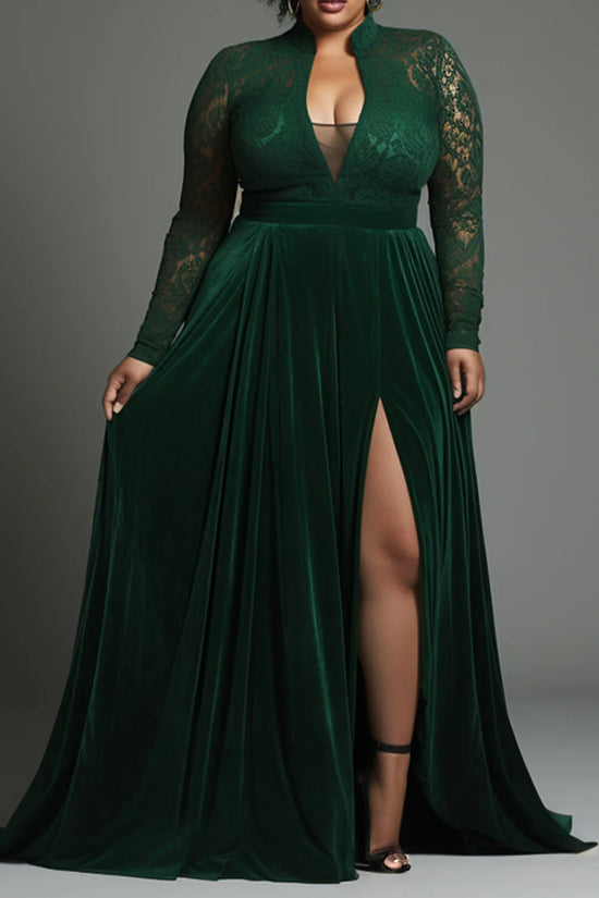 Emerald Green V Neck Long Sleeve Split See Through Lace Velvet Maxi Dress