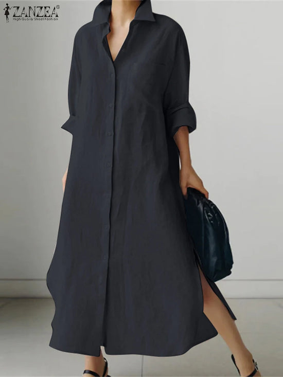 ZANZEA Women Dress Long Sleeve Solid Shirt Sundress Lapel Neck Buttons Vestidos