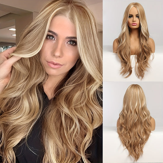 Highlight Blonde Long Body Wave Hair Wigs For Women 26 Inch Long Curly Wavy Hair Wigs Natural Looking Synthetic Fiber Hair Wigs - Lena & Miles Exquisite Boutique LLC.