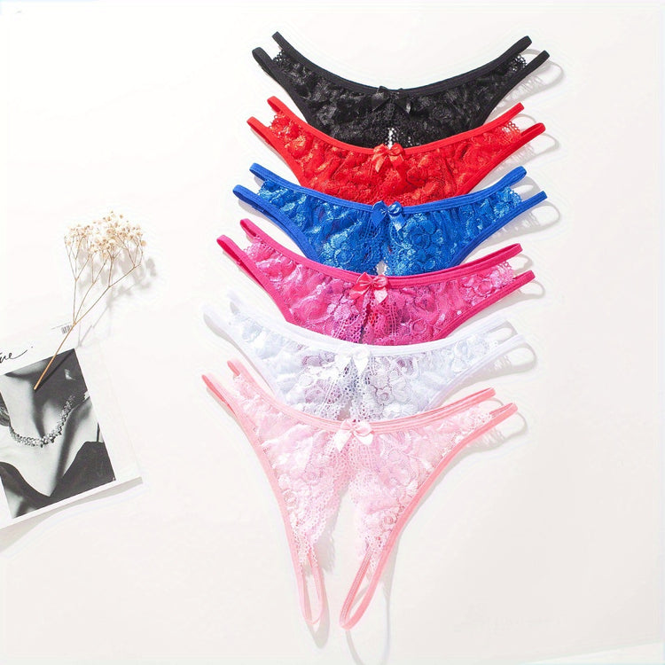 1/6 pcs Exquisite Floral Lace Mesh Thongs - Hollow Out Open Crotch Design, Breathable, Comfortable, Sexy Women&