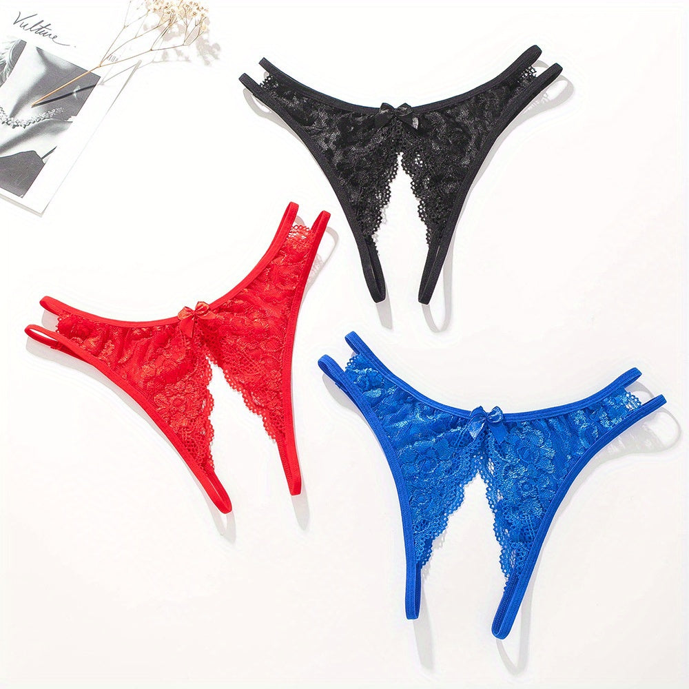 1/6 pcs Exquisite Floral Lace Mesh Thongs - Hollow Out Open Crotch Design, Breathable, Comfortable, Sexy Women&