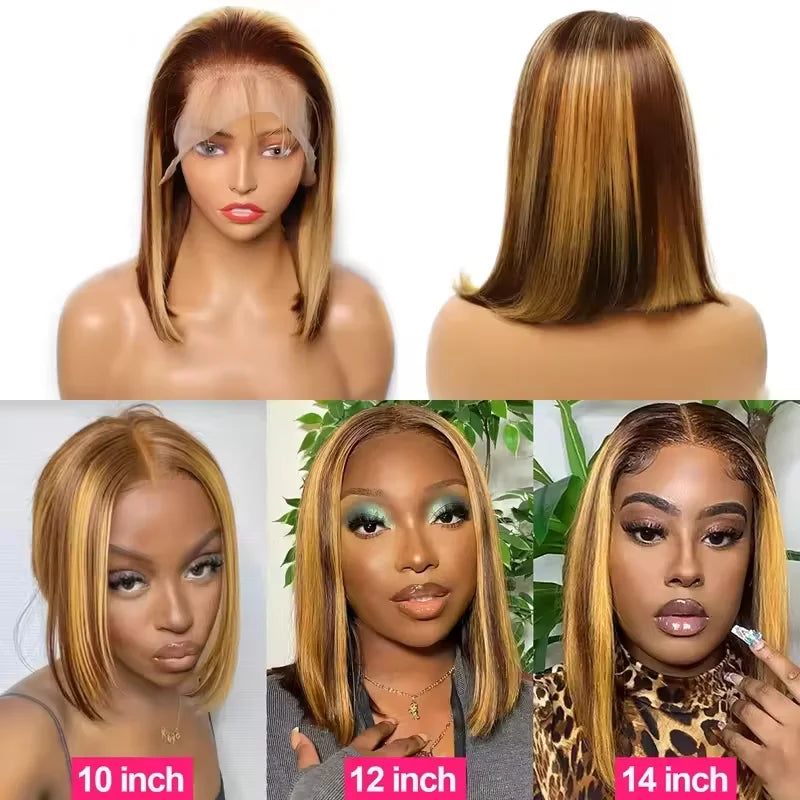 220% 16Inch Highlight Ombre Bob Wigs 13X6 Straight Hd Lace Frontal Glueless Front Short Bob Wig Colored Human Hair Ready to Wear - Lena & Miles Exquisite Boutique LLC.
