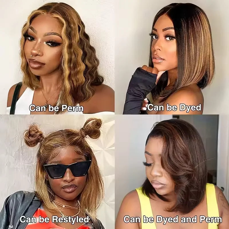 220% 16Inch Highlight Ombre Bob Wigs 13X6 Straight Hd Lace Frontal Glueless Front Short Bob Wig Colored Human Hair Ready to Wear - Lena & Miles Exquisite Boutique LLC.