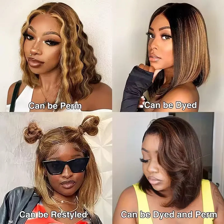 220% 16Inch Highlight Ombre Bob Wigs 13X6 Straight Hd Lace Frontal Glueless Front Short Bob Wig Colored Human Hair Ready to Wear - Lena & Miles Exquisite Boutique LLC.